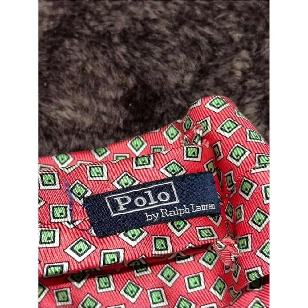 Polo By Ralph Lauren Red Green Geometric Novelty Print Silk Tie OS Made In Italy - Picture 4 of 5